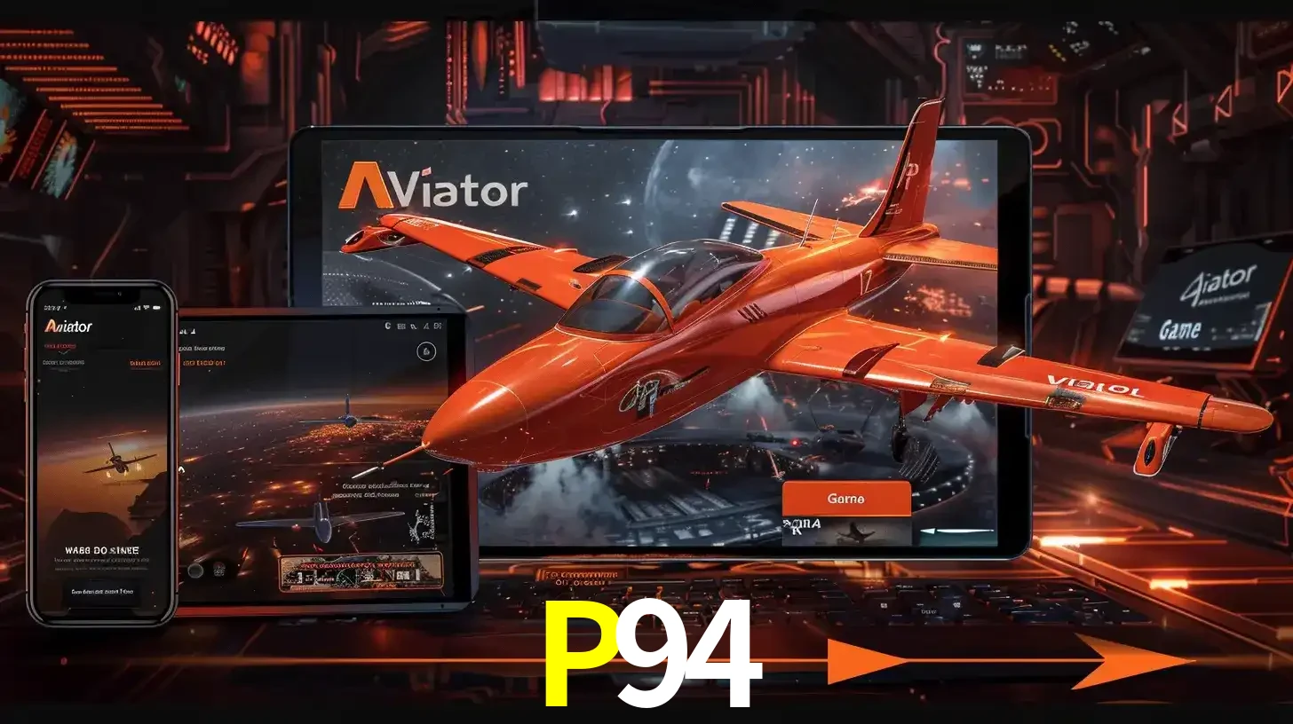 Apresentação tecnológica do jogo Aviator com um avião saindo da tela de um tablet, demonstrando a experiência imersiva em múltiplos dispositivos no P94.