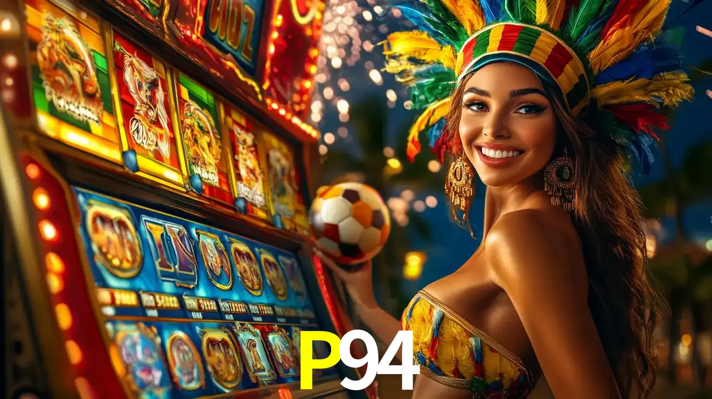 Mulher com um cocar de carnaval ao lado de uma máquina de caça-níqueis enquanto segura uma bola de futebol, mostrando a união da diversão de cassino e esportes no P94.