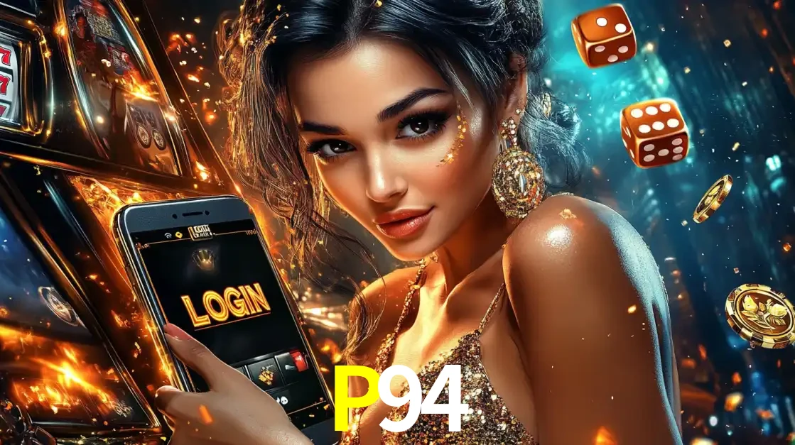 Mulher glamourosa segurando um celular com a tela de login do cassino P94, rodeada por dados e moedas douradas, pronta para começar a diversão.