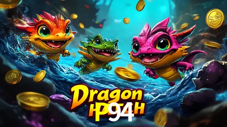 Arte promocional do jogo Dragon Hatch com três adoráveis dragões bebês nadando entre moedas de ouro, um dos slots mais divertidos para jogar no cassino P94.