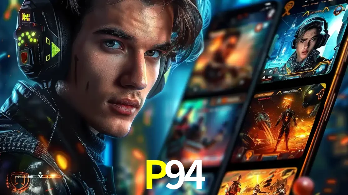 Jovem jogador com fones de ouvido olhando para a câmera, com um aplicativo de jogos e e-sports para celular ao fundo, pronto para a competição e apostas no P94.