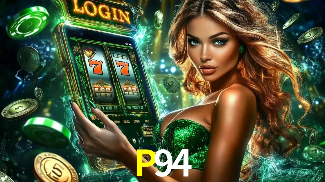 Mulher com tema verde apresentando o aplicativo do cassino P94 com um jogo de slot de 777, cercada por fichas de cassino e uma aura de sorte.