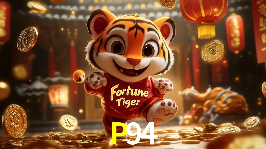 O alegre personagem do Fortune Tiger correndo sobre um caminho de moedas de ouro, simbolizando os grandes prêmios e a diversão do popular jogo de slot do P94.