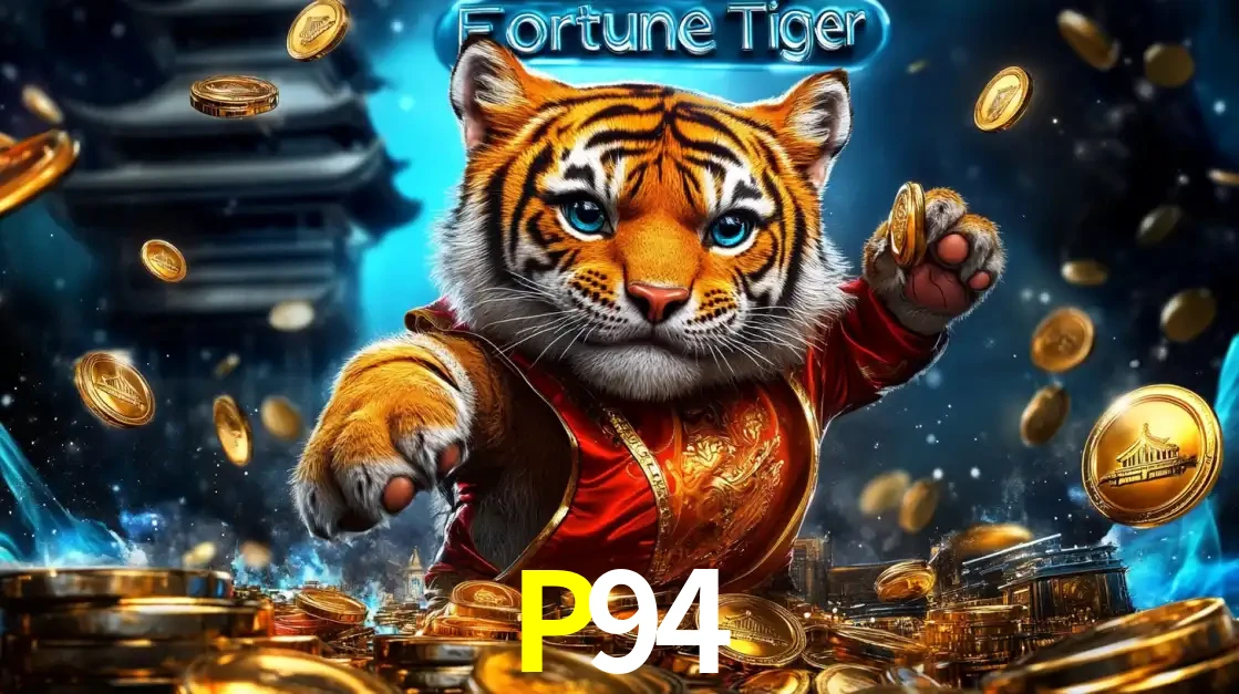 Imagem promocional do jogo de slot Fortune Tiger, com um tigre majestoso em traje tradicional cercado por uma fortuna em moedas de ouro, disponível agora no cassino P94.