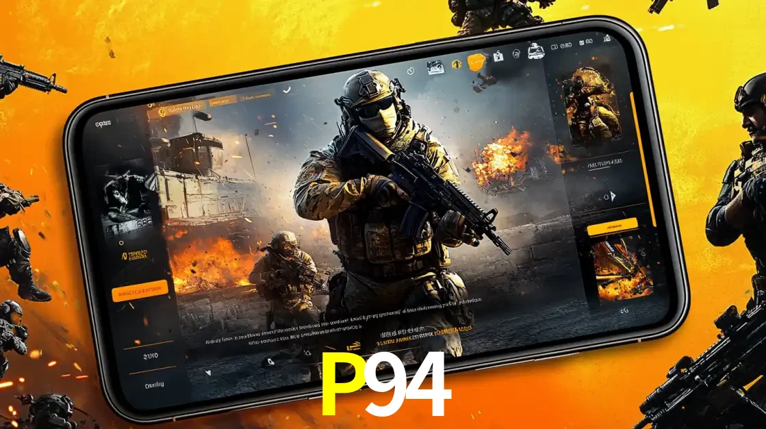 Um smartphone exibindo a interface de um jogo de tiro em primeira pessoa, com um soldado em um cenário de batalha, representando a ação dos e-sports para apostar no P94.