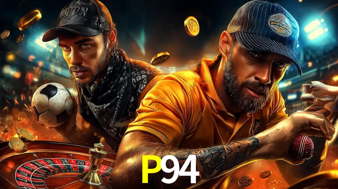Montagem de apostas esportivas e cassino no P94, com um homem segurando uma bola de futebol e outro uma de beisebol sobre uma roleta e moedas voadoras.