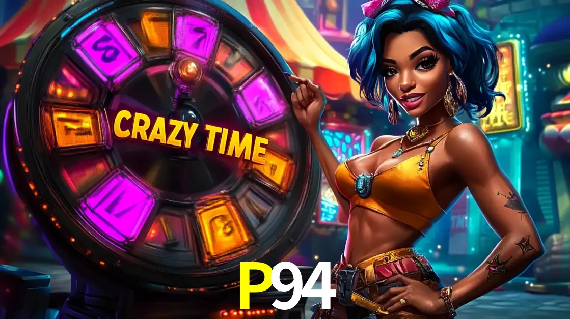 Mulher estilizada com cabelo azul e visual vibrante posando ao lado da roda de prêmios do game show Crazy Time, convidando para a diversão e os bônus do cassino P94.