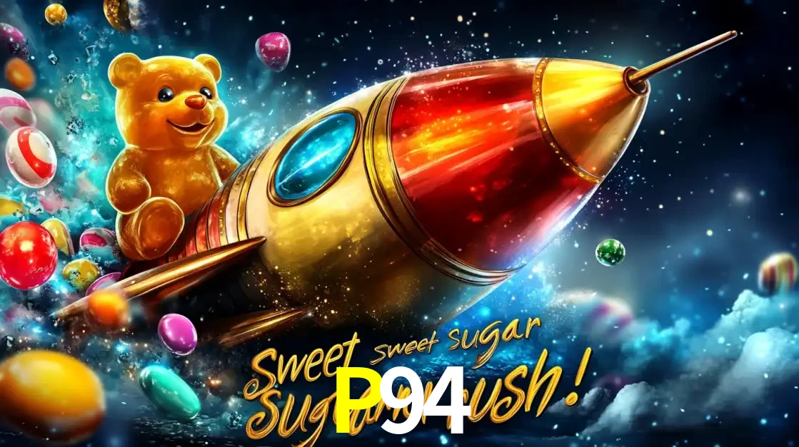 Arte promocional do jogo de slot Sugar Rush, com um urso de pelúcia em um foguete viajando pelo espaço de doces, um dos jogos divertidos disponíveis no cassino P94.