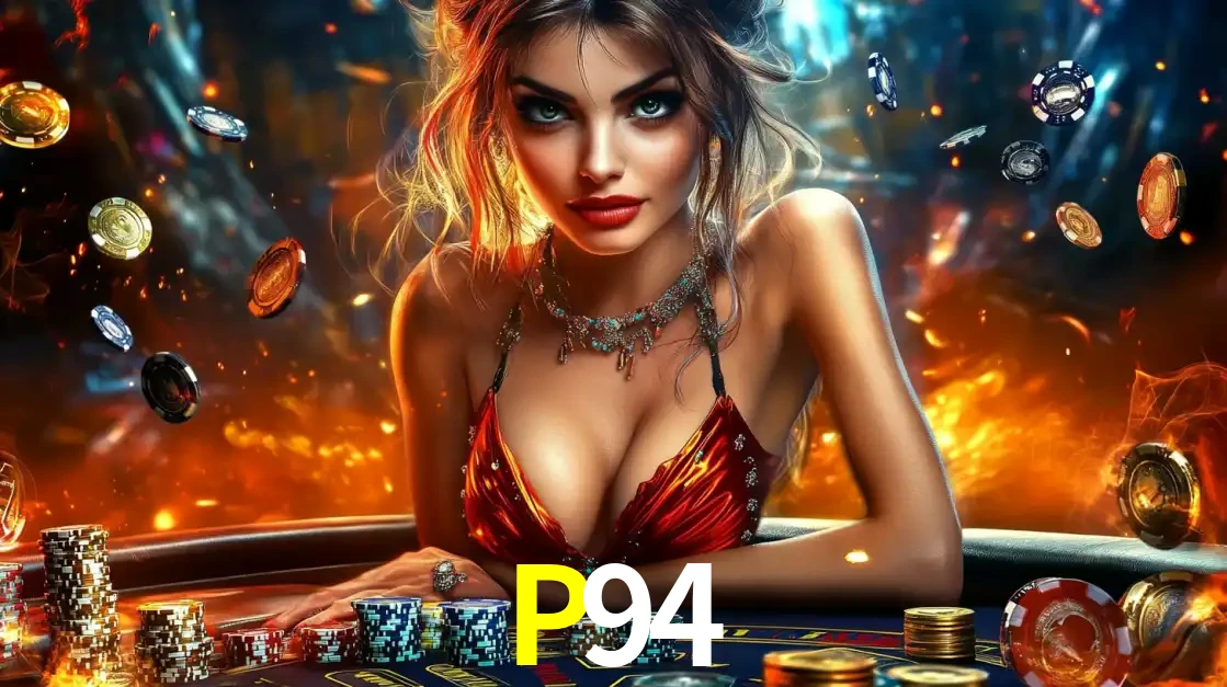 Mulher em uma mesa de cassino com pilhas de fichas e um fundo de fogo, pronta para uma rodada de altas apostas nos jogos de mesa emocionantes do cassino P94.