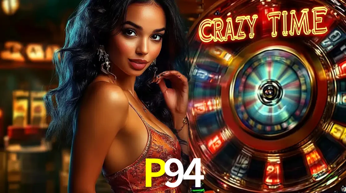 Mulher elegante ao lado da vibrante roda da fortuna do jogo de cassino ao vivo Crazy Time, um dos game shows mais populares e cheios de prêmios do P94.