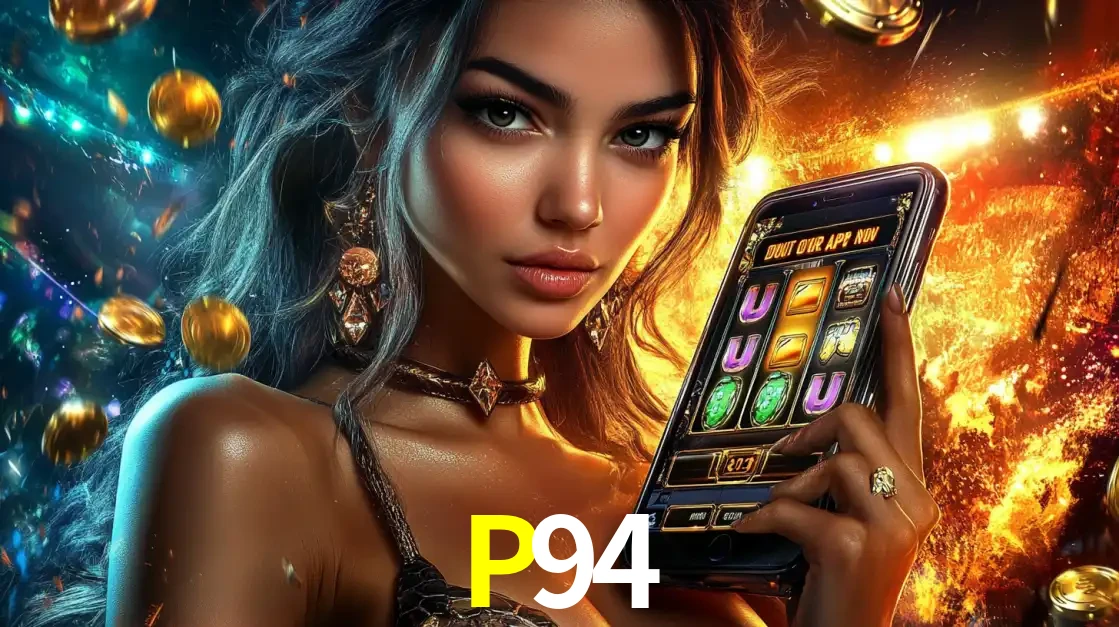 Mulher elegante mostrando um jogo de caça-níqueis em seu smartphone, destacando a experiência de cassino móvel oferecida pelo aplicativo P94.