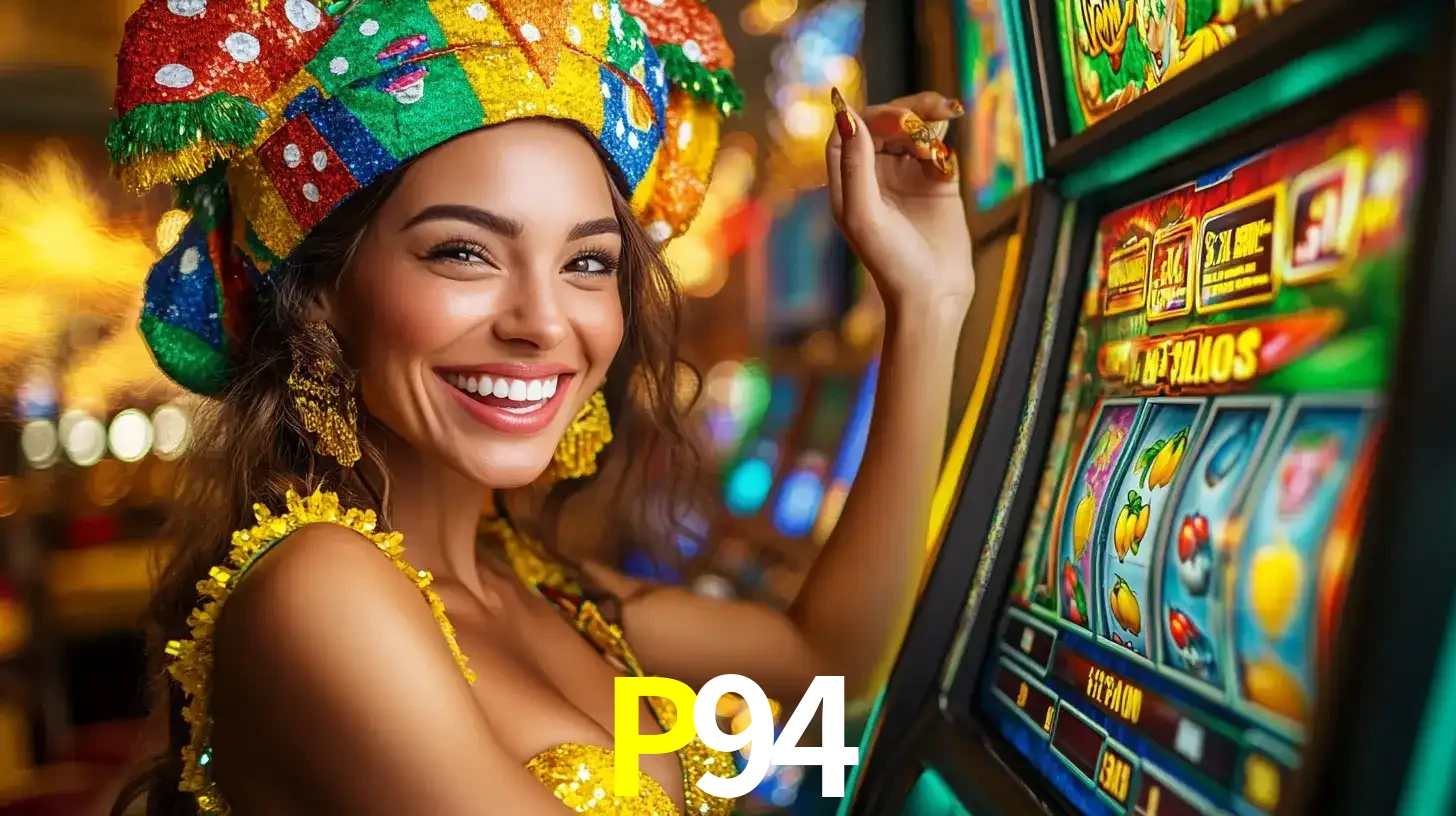 Mulher feliz com traje de carnaval amarelo e colorido ao lado de uma máquina de caça-níqueis, aproveitando a diversão e os jogos temáticos do cassino P94.