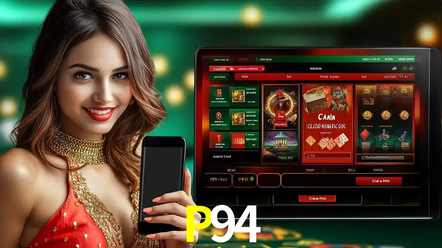 Mulher sorridente segurando um smartphone, ao lado de uma tela exibindo o lobby de jogos do cassino online P94, com várias opções de jogos de cartas e slots.
